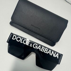 Dolce & Gabbana Black Logo Shield Sunglasses with White Branding